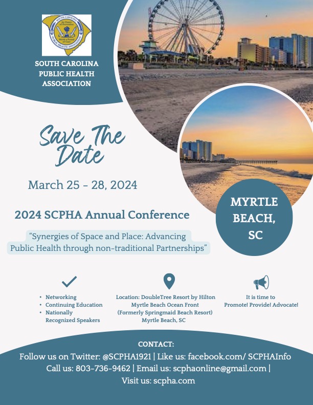 Flyer for 2024 SCPHA Conference in Myrtle Beach, SC being held March 25-28, 2024.